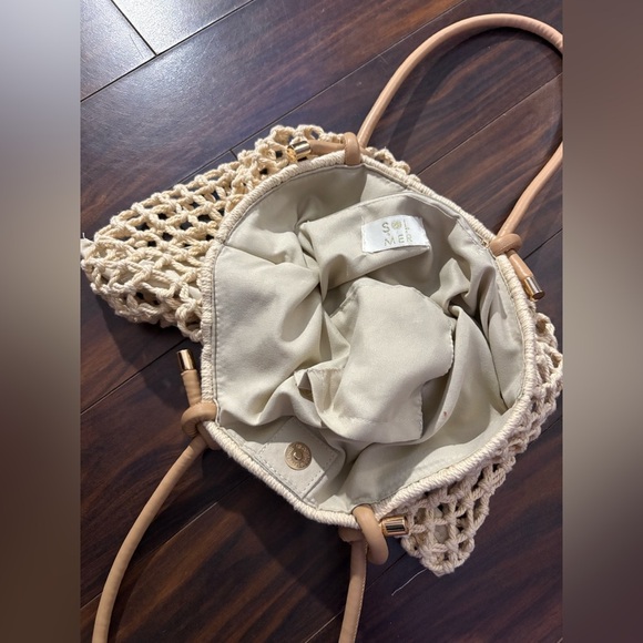 Sol Mer Women’s Woven Net Tote Bag Macrame Style with Lining & Leather Handles - Picture 5 of 5